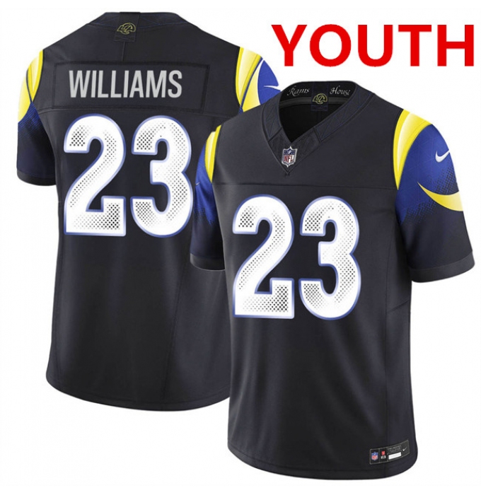 Youth los angeles rams #23 kyren williams midnight blue 2025 f.u.s.e. “rivalries” vapor limited football stitched jersey