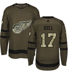 Men's Adidas Detroit Red Wings #17 Brett Hull Authentic Green Salute to Service NHL Jersey