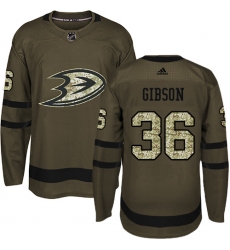 Men's Adidas Anaheim Ducks #36 John Gibson Authentic Green Salute to Service NHL Jersey