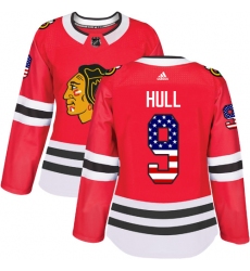 Women's Adidas Chicago Blackhawks #9 Bobby Hull Authentic Red USA Flag Fashion NHL Jersey