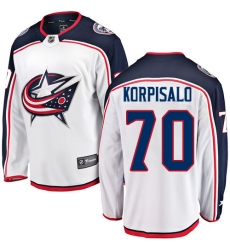 Men's Columbus Blue Jackets #70 Joonas Korpisalo Fanatics Branded White Away Breakaway NHL Jersey