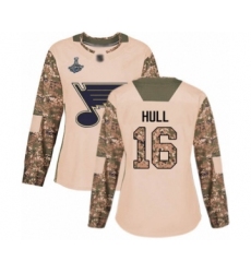 Women's St. Louis Blues #16 Brett Hull Authentic Camo Veterans Day Practice 2019 Stanley Cup Champions Hockey Jersey