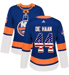 Women's Adidas New York Islanders #44 Calvin de Haan Authentic Royal Blue USA Flag Fashion NHL Jersey