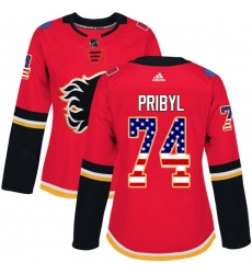 Women's Adidas Calgary Flames #74 Daniel Pribyl Authentic Red USA Flag Fashion NHL Jersey