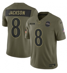 Men's Baltimore Ravens #8 Lamar Jackson Olive 2025 Salute to Service Limited Football Stitched Jersey