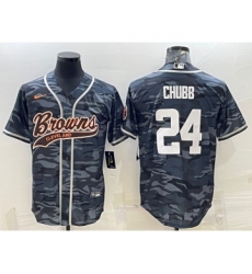 Men's Cleveland Browns #24 Nick Chubb Grey Camo With Patch Cool Base Stitched Baseball Jersey