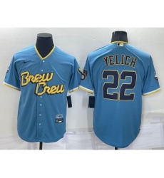 Men's Milwaukee Brewers #22 Christian Yelich Blue 2022 City Connect Cool Base Stitched Jersey