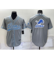 Men's Detroit Lions Grey Team Big Logo With Patch Cool Base Stitched Baseball Jersey