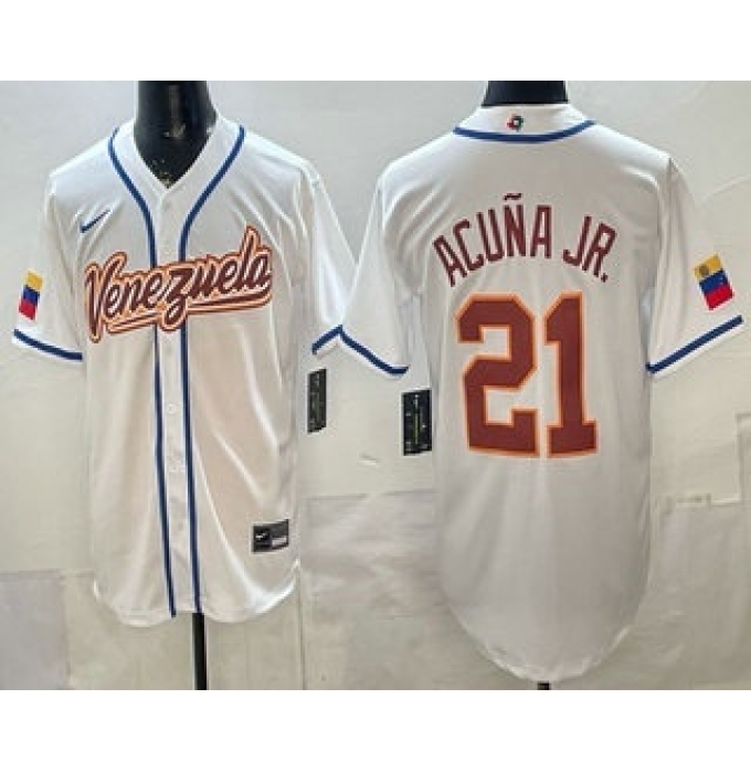 Men's Venezuela #21 Ronald Acuna Jr White 2026 World Baseball Classic Cool Base Jersey