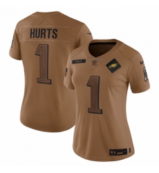 Women's Philadelphia Eagles #1 Jalen Hurts Nike Brown 2023 Salute To Service Limited Jersey