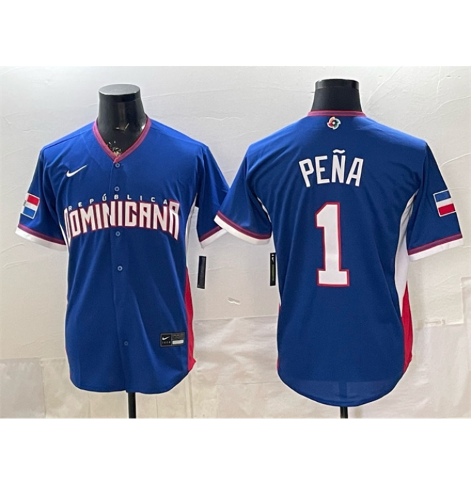 Men's Dominican Republic Baseball #1 Jeremy Pena Royal 2026 World Baseball Classic Road Stadium Stitched Jersey