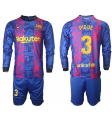 Men 2021-2022 Club Barcelona Second away blue Long Sleeve 3 Soccer Jersey