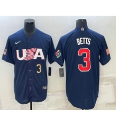 Mens USA Baseball #3 Mookie Betts Number 2023 Navy World Baseball Classic Stitched Jersey