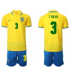 Men's Brazil #3 T. Silva Yellow Home Soccer Jersey Suit