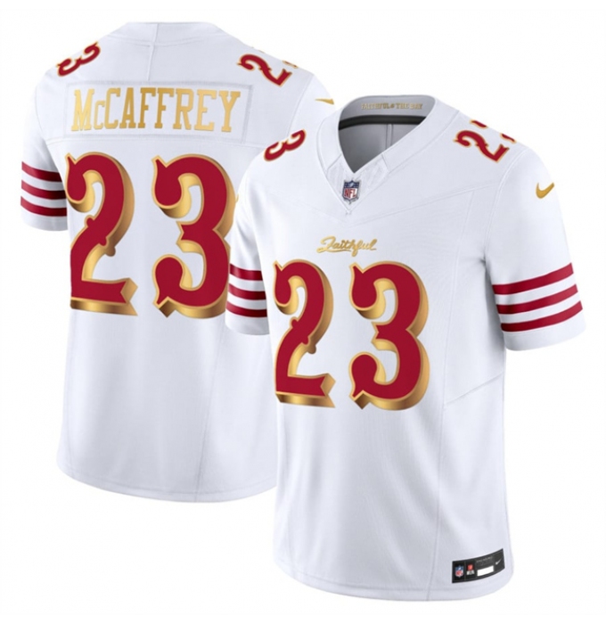 Men's San Francisco 49ers #23 Christian McCaffrey White Gold 2025 F.U.S.E. “Rivalries” Vapor Limited Football Stitched Jersey