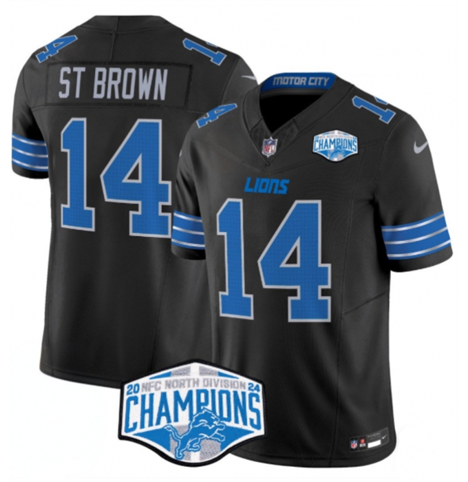 Men's Detroit Lions #14 Amon-Ra St. Brown Black 2024 NFC North Champions F.U.S.E. Vapor Limited Stitched Jersey