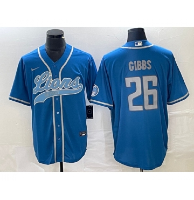 Men's Nike Detroit Lions #26 Jahmyr Gibbs Blue Cool Base Stitched Baseball Jersey