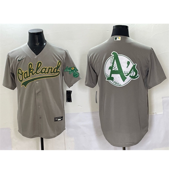 Men's Oakland Athletics Team Big Logo Grey Cool Base Stitched Baseball Jersey