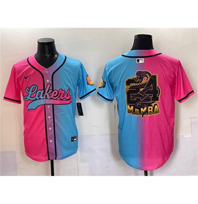 Men's Los Angeles Lakers Team Big Logo Pink Blue Limited Stitched Baseball Jersey
