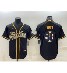 Men's Pittsburgh Steelers #90 TJ Watt Black Team Big Logo With Patch Cool Base Stitched Baseball Jersey