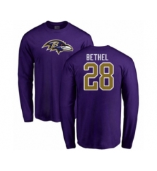 Football Baltimore Ravens #28 Justin Bethel Purple Name & Number Logo Long Sleeve T-Shirt