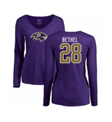 Football Women's Baltimore Ravens #28 Justin Bethel Purple Name & Number Logo Long Sleeve T-Shirt