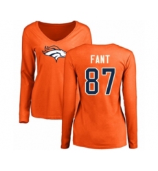 Football Women's Denver Broncos #87 Noah Fant Orange Name & Number Logo Long Sleeve T-Shirt