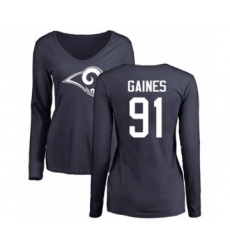 Football Women's Los Angeles Rams #91 Greg Gaines Navy Blue Name & Number Logo Slim Fit Long Sleeve T-Shirt