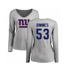 Football Women's New York Giants #53 Oshane Ximines Ash Name & Number Logo Long Sleeve T-Shirt