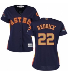 Women's Majestic Houston Astros #22 Josh Reddick Authentic Navy Blue Alternate 2018 Gold Program Cool Base MLB Jersey