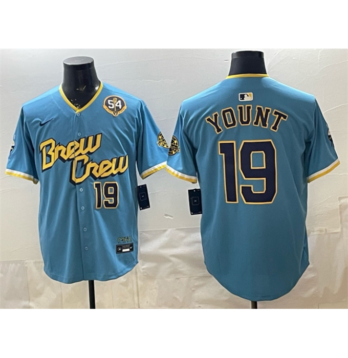 Men's Milwaukee Brewers #19 Robin Yount Powder Blue City Connect With Home & Bob Uecker Limited Stitched Baseball Jersey