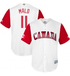 Men's Canada Baseball Majestic #11 Jonathan Malo White 2017 World Baseball Classic Replica Team Jersey