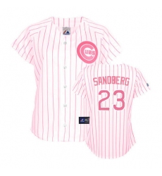 Women's Majestic Chicago Cubs #23 Ryne Sandberg Authentic White/Pink Strip Fashion MLB Jersey