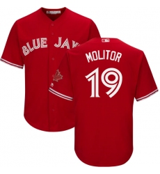 Youth Majestic Toronto Blue Jays #19 Paul Molitor Authentic Scarlet Alternate MLB Jersey