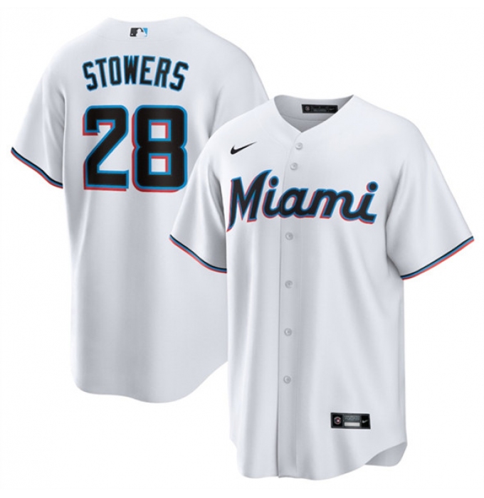 Men's Miami Marlins #28 Kyle Stowers White Cool Base Stitched Baseball Jersey