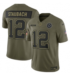 Men's Dallas Cowboys #12 Roger Staubach Olive 2025 Salute to Service Limited Football Stitched Jersey