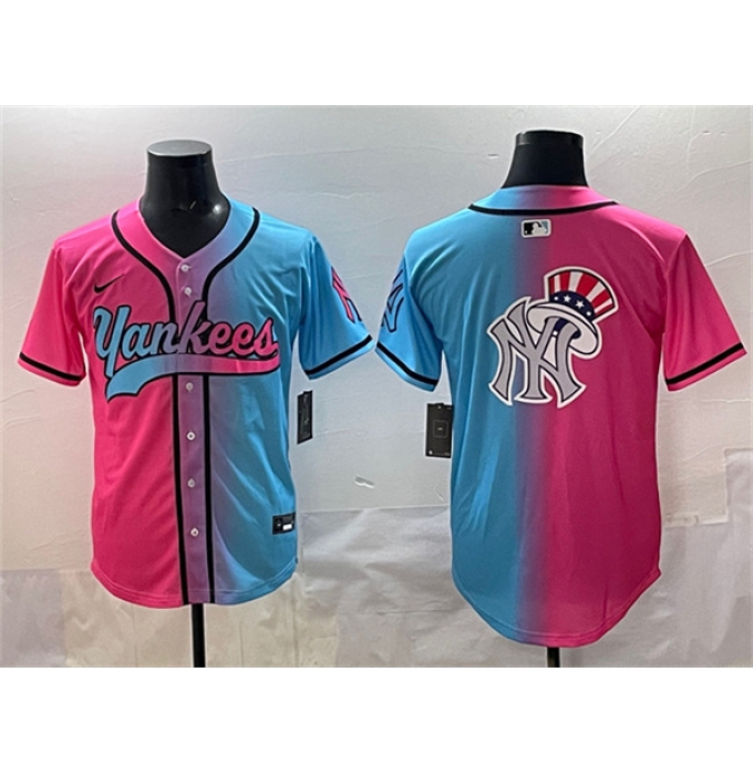 Men's New York Yankees Team Big Logo Pink Blue Limited Stitched Baseball Jersey